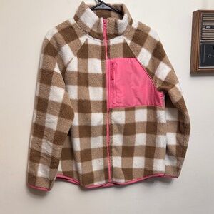 J. Crew Tan and White Plaid Fleece with Pink Trim